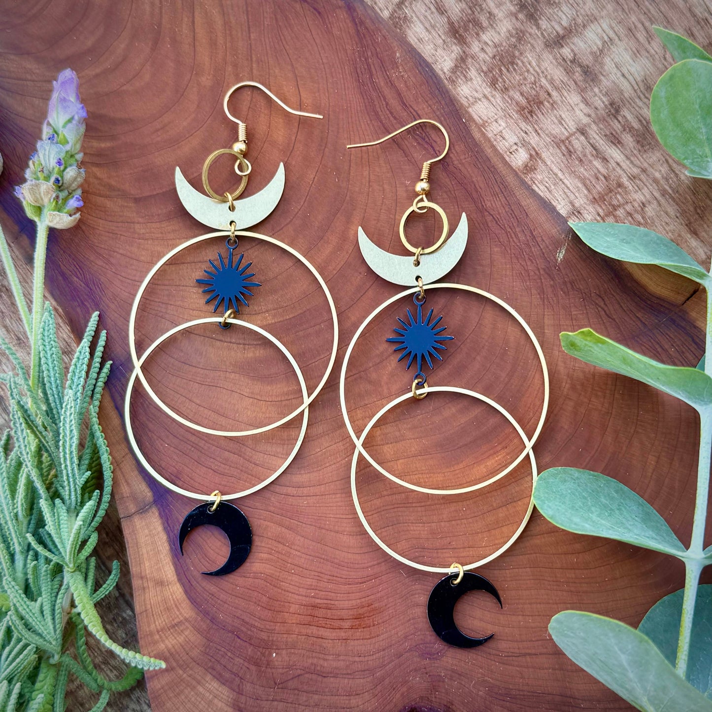 Aretes de Aros con Luna y Estrella Negro y Dorado